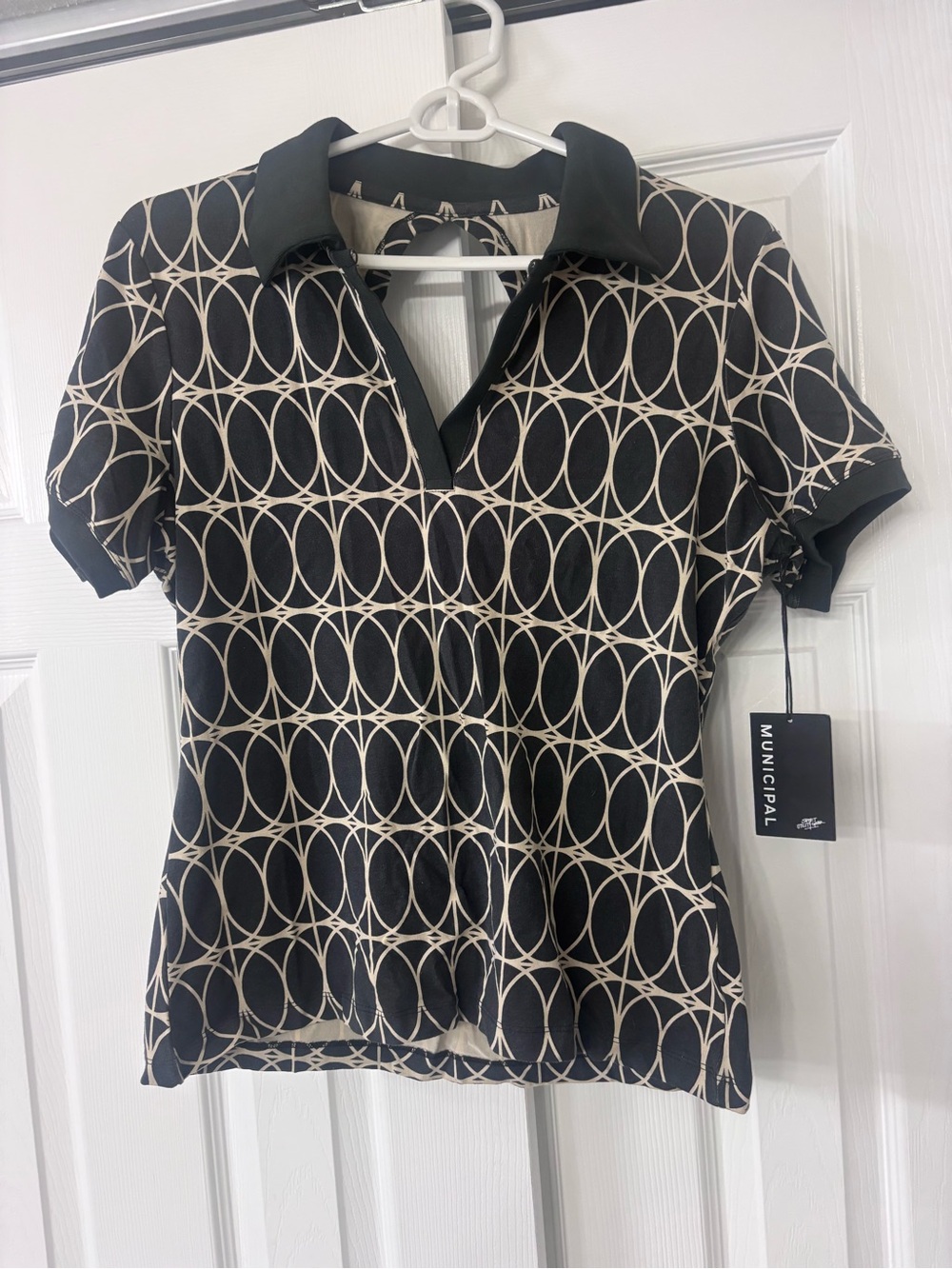 Black Polo Shirt with Cream Geometric Print